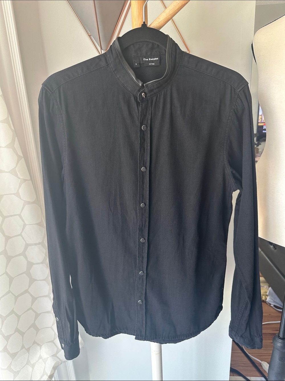 THE KOOPLES Black Button-Up Down Dress Shirt Western Punk Leather Trim Sz Small